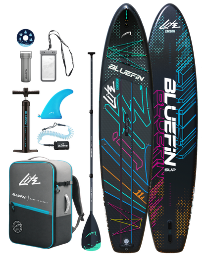 Inflatable Bluefin SUP with paddle, pump, backpack, fin, and accessories for water sports.