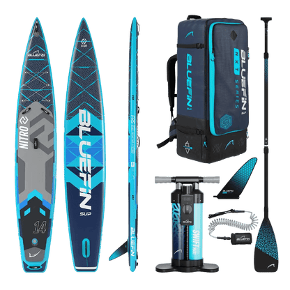 Aufblasbares Paddleboard mit blau-grauem Design, Paddel, Pumpe und Rucksack für den Transport.