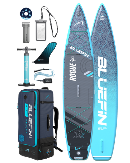 Inflatable paddleboard with center fin, textured deck, pump, backpack, water bottle, and accessories.