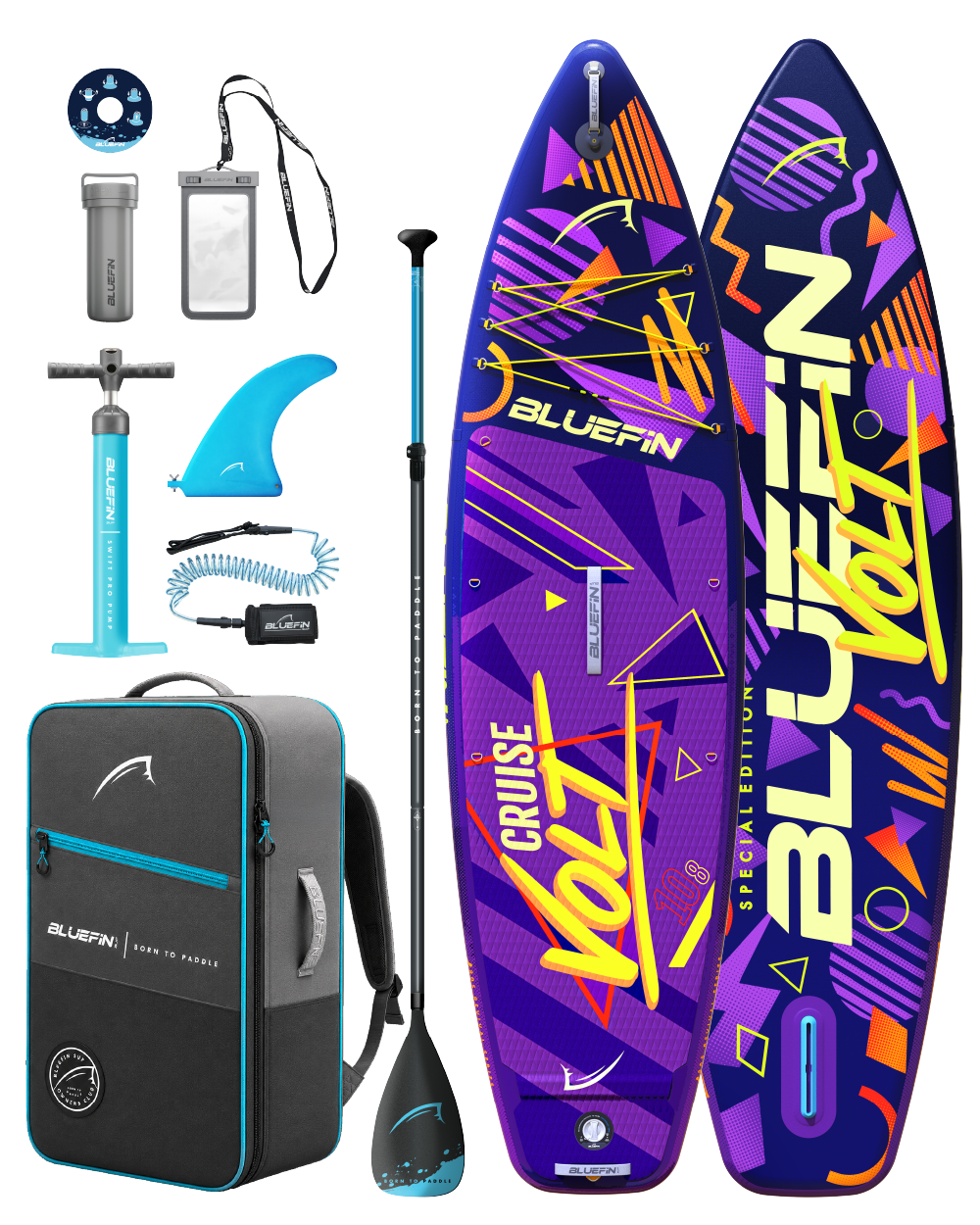 Inflatable paddleboard with colorful design, paddle, fin, pump, backpack, and accessories for water sports.