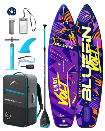 Inflatable paddleboard with colorful design, paddle, fin, pump, backpack, and accessories for water sports.