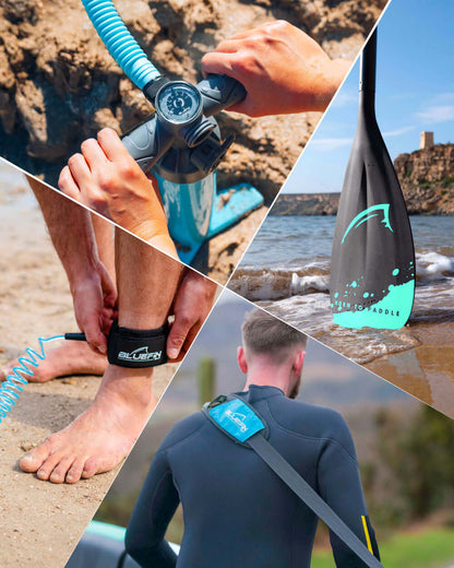 Hands using a pump, feet with ankle leash, paddle with logo, person in wetsuit by water