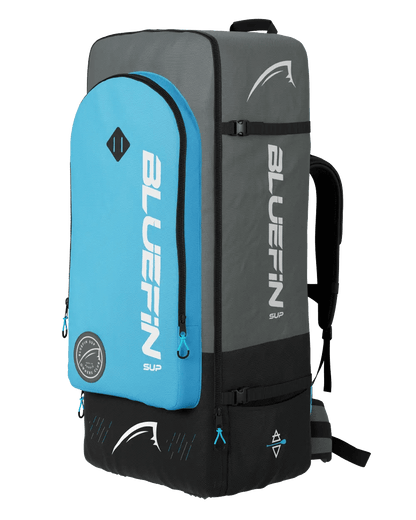 Gray and blue Bluefin SUP backpack with logo, zippers, and adjustable straps for carrying gear.