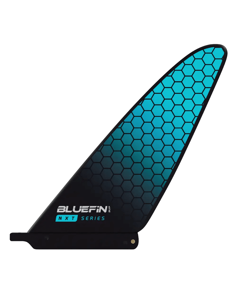 Bluefin SUP NXT Series fin with a hexagonal pattern in blue and black, designed for paddleboards.