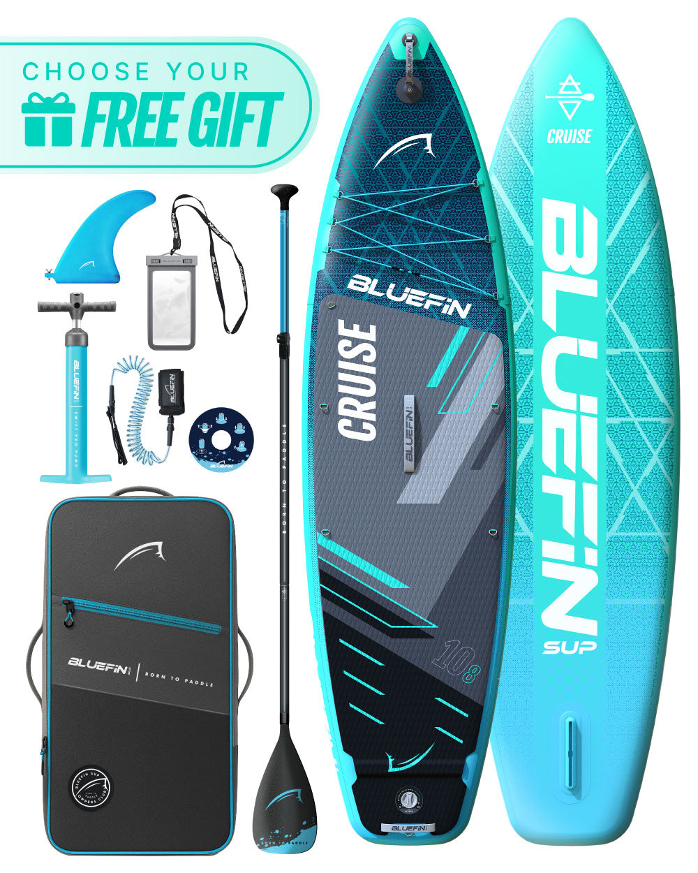 Inflatable paddleboard with blue and black design, paddle, fin, pump, and carrying bag included.