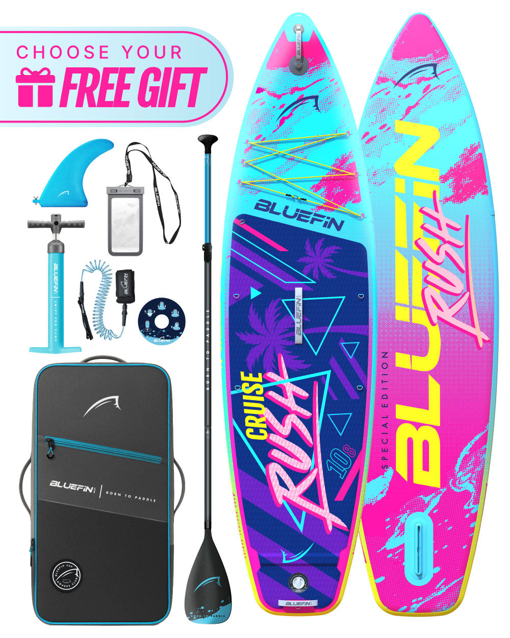Inflatable paddleboard with colorful design, paddle, fin, and accessories for water activities.