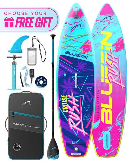 Inflatable paddleboard with colorful design, paddle, fin, and accessories for water activities.