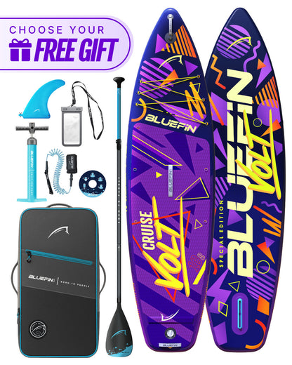 Inflatable paddleboard with colorful design, paddle, fin, pump, and carrying bag for travel.