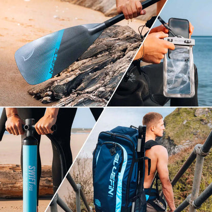 Collage of Bluefin products: paddle, phone case, pump, and backpack for paddleboarding.
