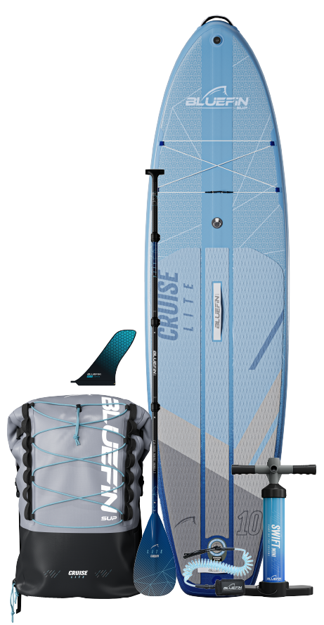 Inflatable paddleboard with blue design, paddle, pump, backpack, and center fin for easy transport.