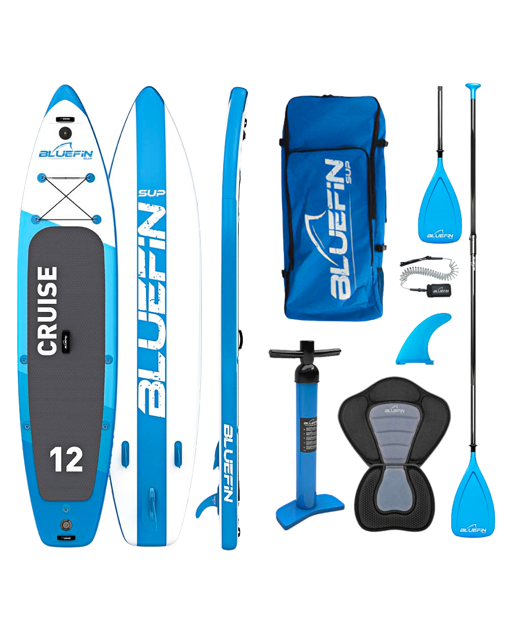 Inflatable paddleboard with textured deck, center fin, pump, paddle, and carrying bag in blue and gray.