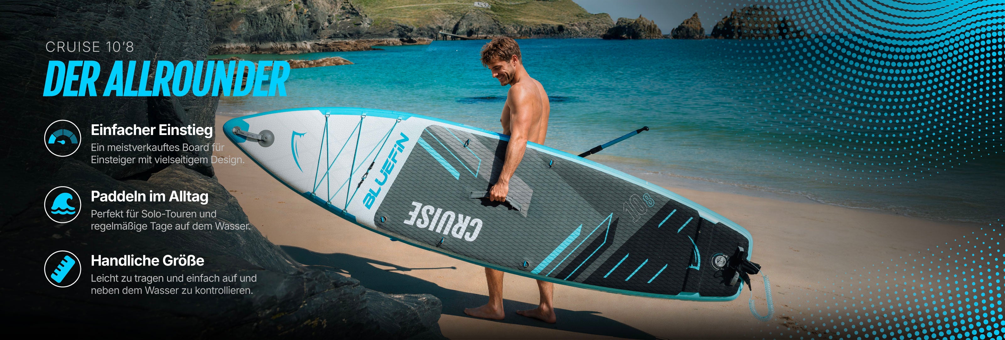 Inflatable paddleboard on beach, featuring textured surface, center fin, and carrying handle.