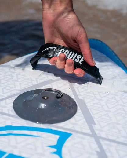up close shot of the carry handle on a bluefin cruise paddleboard. Has a logo that says the word 'cruise' on it too