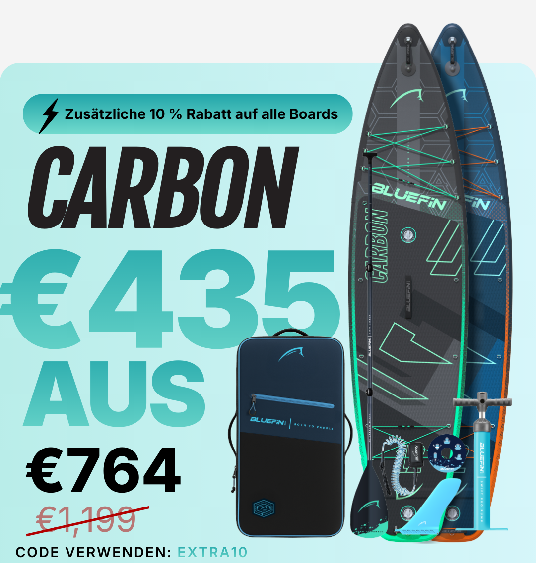 Two inflatable paddleboards with a carry bag, pump, and accessories, showing price discounts and branding