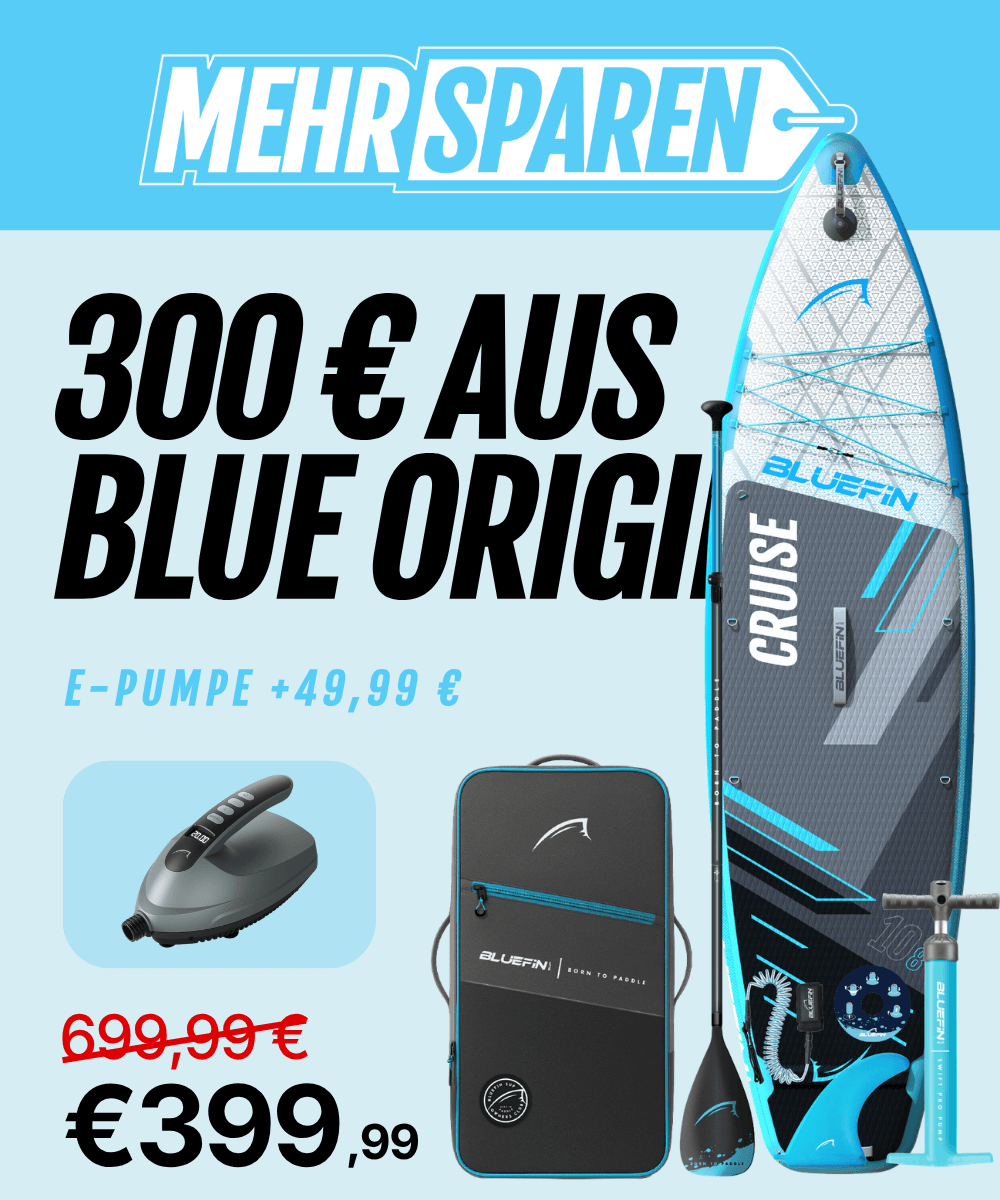 Bluefin Cruise SUP package with paddle, bag and pump, discounted from €699.99 to €399.99; e-pump €49.99 extra
