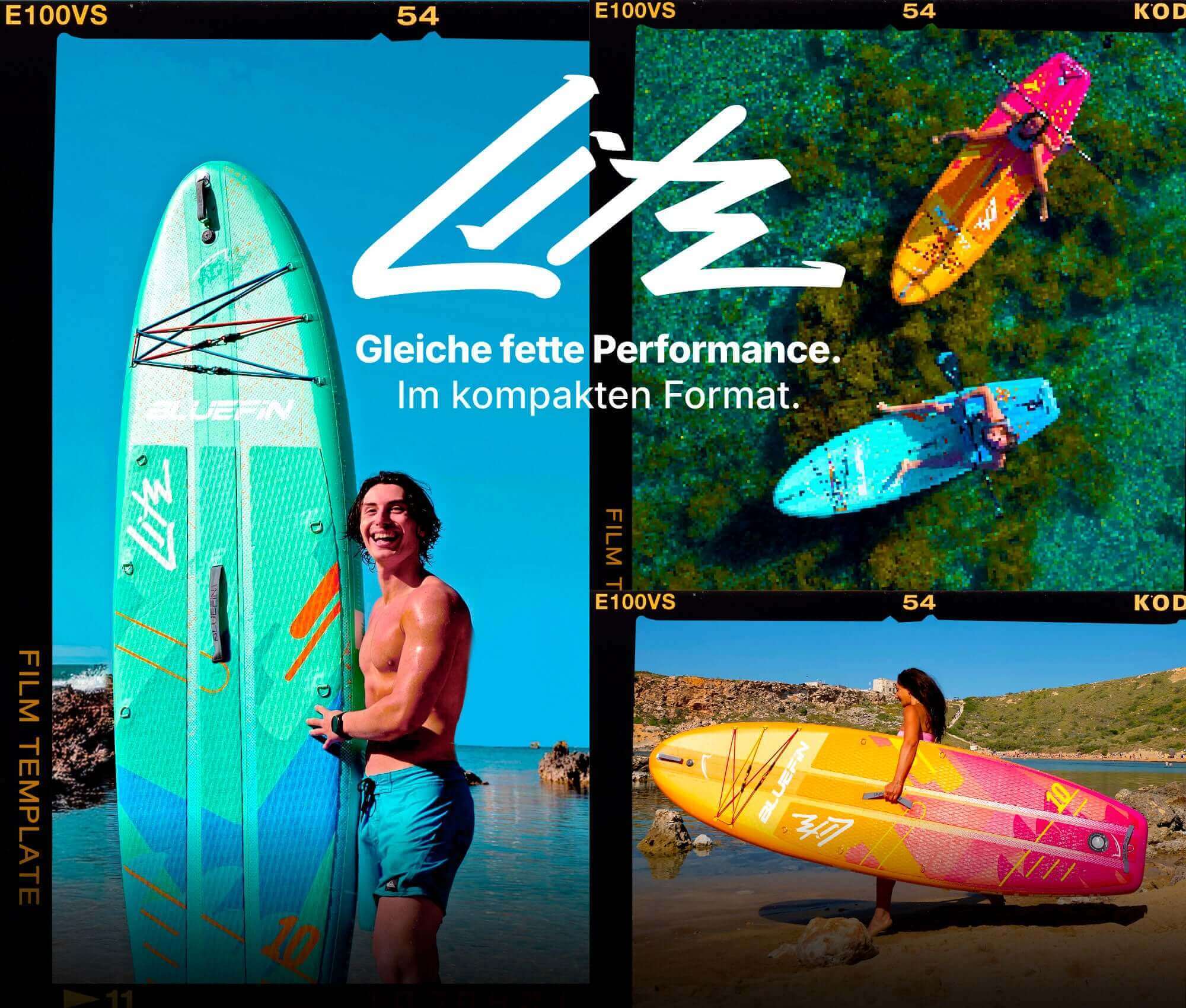 Three paddleboards: a green one held by a man, a pink and yellow one, and a blue one with a woman paddling.