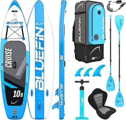 Inflatable paddleboard in blue with accessories: paddle, fins, pump, and backpack for transport.
